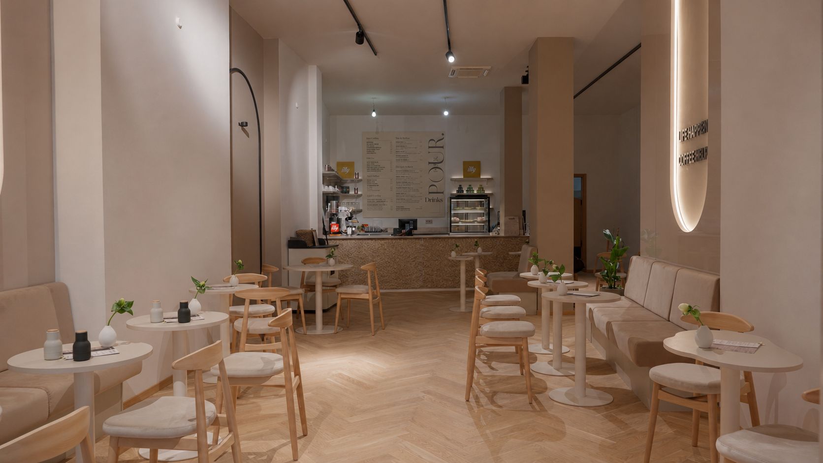 Innenraum von POUR. coffee and more, Specialty Coffee Café in der Sendlinger Straße in München, mit warmem Tageslicht